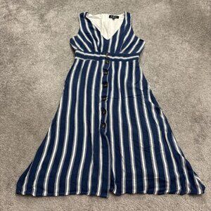 Lulus Dixie Button Up A-Line Midi Dress Womens Small Blue White Striped Casual